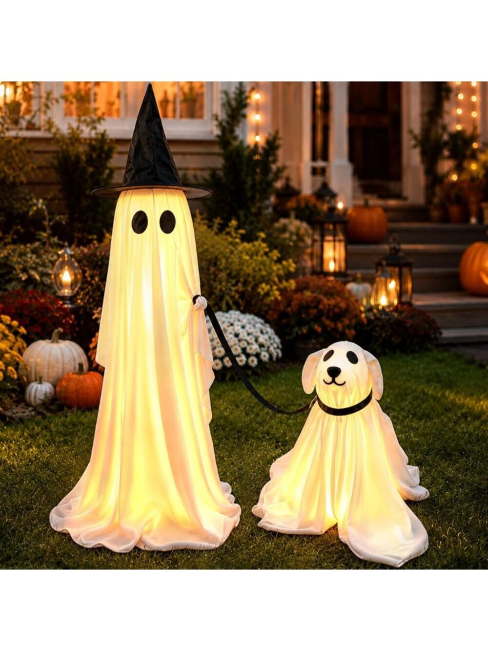 Spooky Light-Up Ghost Decorations for Halloween Outdoor, 2 Pack with Dog Design